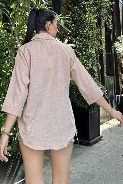 NEW LAVİVA Λινό Φαρδύ Πουκάμισο - Γυναικείο, Οβάλ Κόψιμο, Σπαστό, Αντιιδρωτικό μανίκι τριών τετάρτων