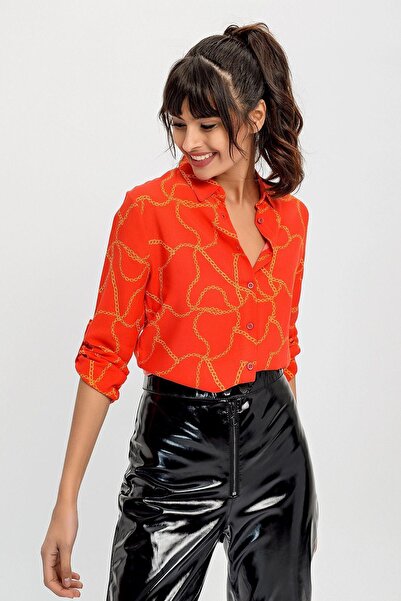 NEW LAVİVA Cămașă roșie cu mânecă lungă cu model de lanț pentru femei - croială dreaptă și purtați