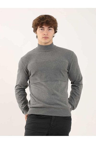 Dufy Gray Melange Men's Regular Fit Patterned Stand Collar Knitwear - 90649