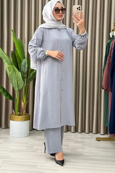 Mercan Ayça Takim Gray Buttoned Hijab Tunic Trousers Set Aerobin Fabric Relaxed Fit