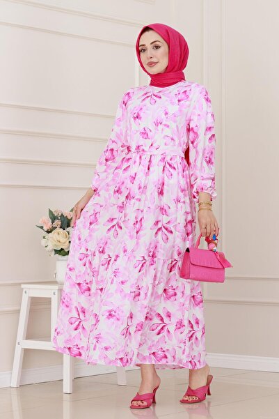 Sevitli Φόρεμα Lina με λουλούδια με ζώνη-ροζ