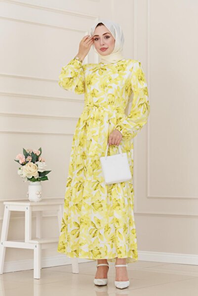 Sevitli Φόρεμα Lina με λουλούδια με ζώνη-κίτρινο