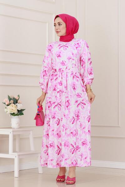 Sevitli Φόρεμα Lina με λουλούδια με ζώνη-ροζ