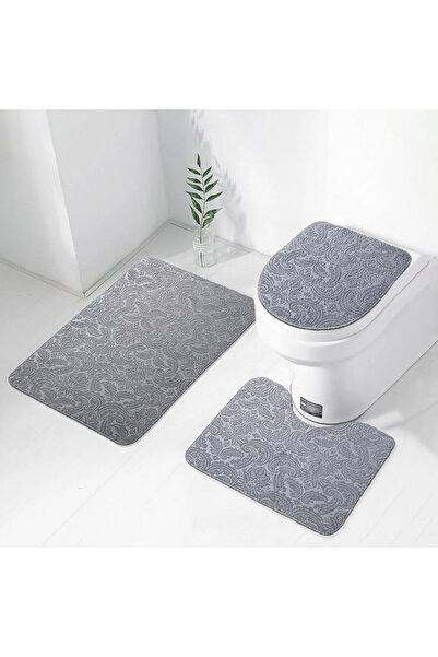 Bonny Home Ultrasoft Desenli 3lü Gri Klozet Takımı Banyo Halısı Paspası Seti