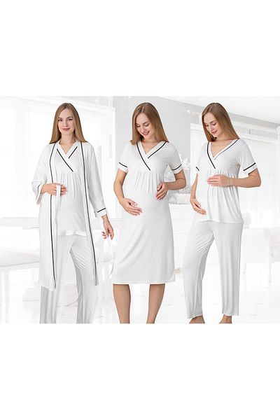 Miss Dünya Lissa Morning Dress Stripe Detail Short Sleeve 4 Piece Maternity Pajamas and Nightgown Set