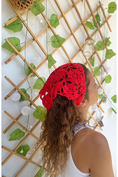 Nil Aksesuarları Kırmızı Çiçek desen örgü bandana