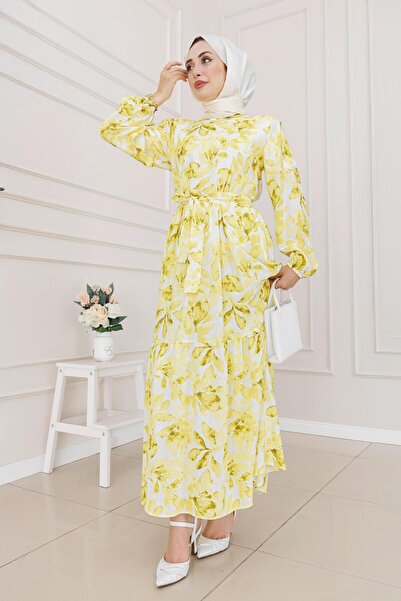 Sevitli Φόρεμα Lina με λουλούδια με ζώνη-κίτρινο