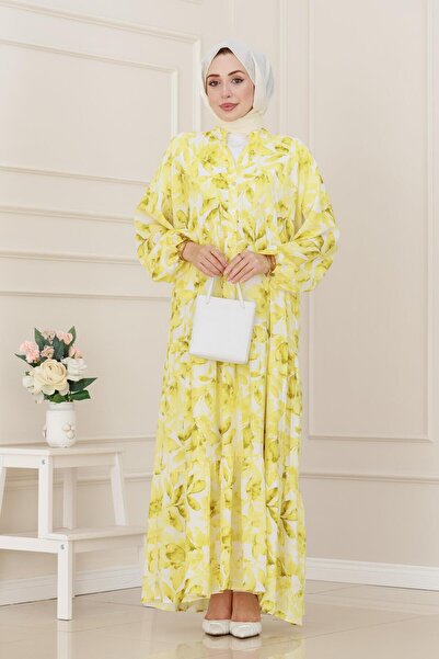 Sevitli Half Button Lotus Dress-Yellow