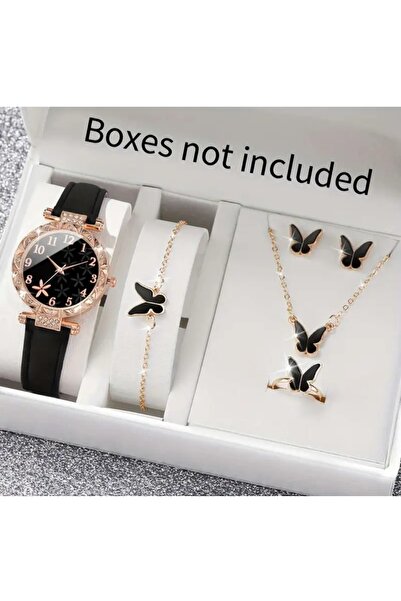 BBS 6 Parça Kuvars Saat Bileklik Kolye Küpe Yüzük Takı Seti Kelebek Detaylı. Taşlı