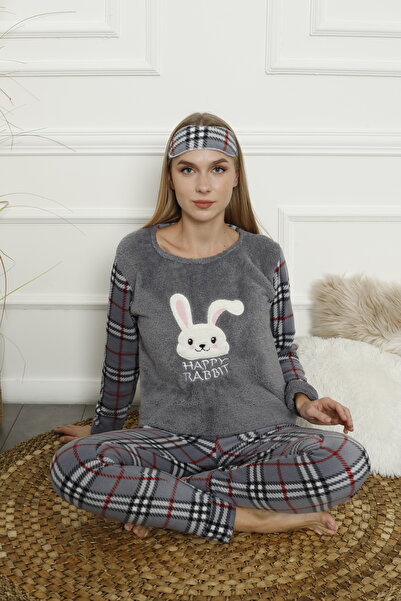 Akasya Spor Dar Kesim Kadın Ekose Desenli Polar Pijama Takımı 02133