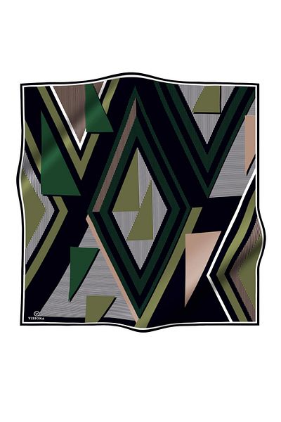 Vissona 100% Twill Silk Geometric Patterned Khaki - Black Colored 90X90 Scarf Sewing Shape: Hand Sewing