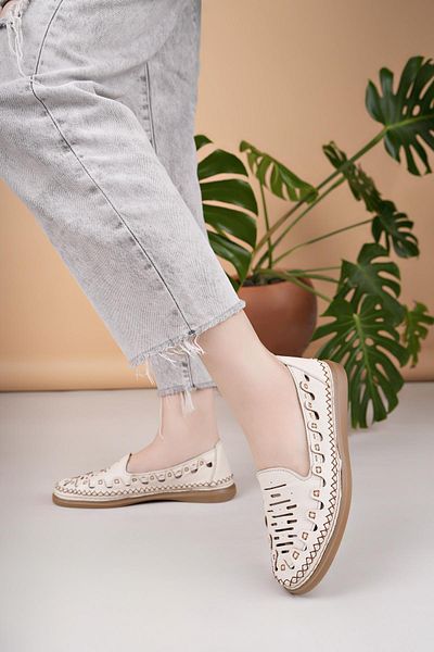 Mammamia D25Ya 345 Bone Genuine Leather Perforated Women's Shoes