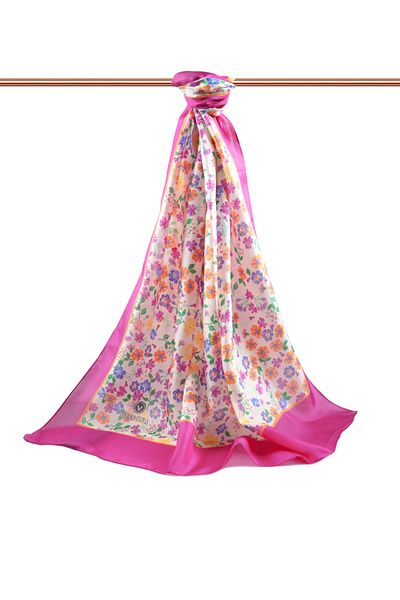 Vissona 100% Silk Crispy Floral Patterned Fuchsia Colored 92X210 Shawl