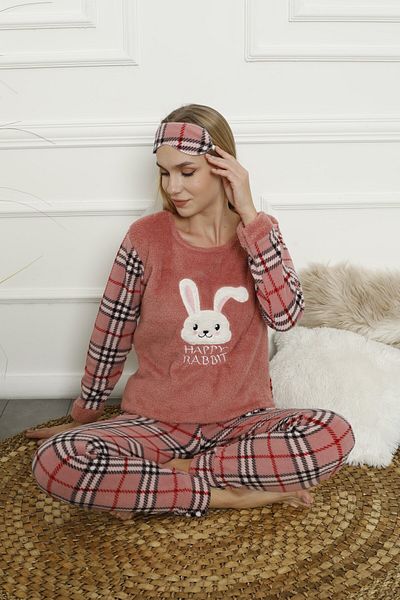 Akasya Sports Tight-Fitting Women's Plaid Patterned Fleece Pajamas Set 02133