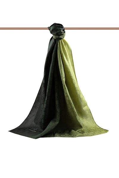 Vissona 57% Silk 43% Cotton Gradient Patterned Oil Green Colored Shawl - 70X190 Stitching Type Italian Stitching