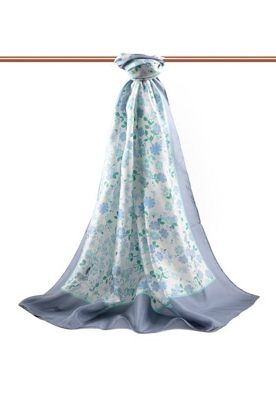 Vissona 100% Silk Crispy Flower Patterned Indigo Colored 92X210 Shawl