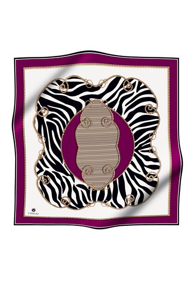 Vissona 100% Twill Silk Chain and Zebra Patterned Plum - Beige Color 90X90 Scarf Planting Shape: Hand Stitched
