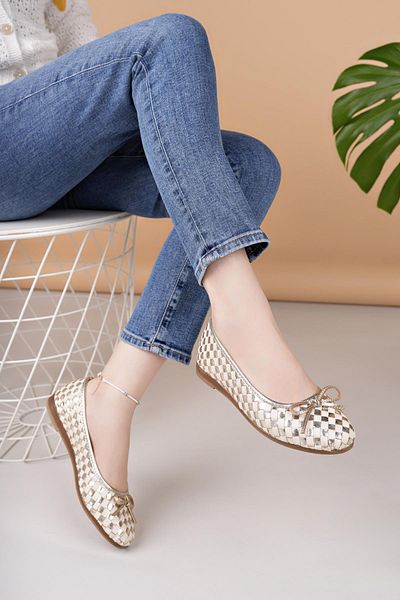 Mammamia D25Ya 525 Gold Genuine Leather Women's Ballerinas