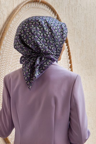 Vissona Lilac Geometric Print Twill Silk Scarf - 90X90, Hand Stitched