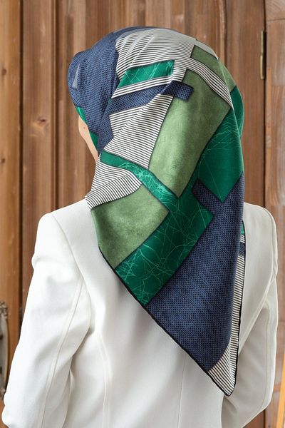 Vissona Black-Emerald Green Geometric Print Twill Silk Scarf 90X90 - Hand Stitched