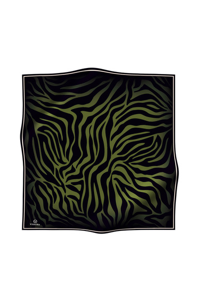 Vissona 100% Twill Silk Zebra Print Khaki - Black Color 90X90 Scarf Planting Shape : Hand Stitched