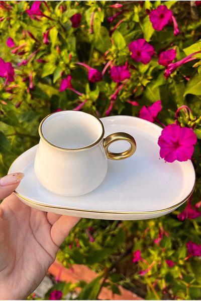 MAMALİZA Set of 6 90 ml Ceramic Cups with Gold Detail – Special Design