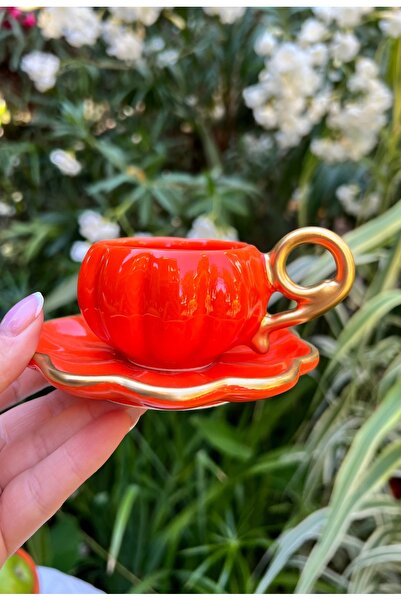 MAMALİZA Ceramic 6-Person Pumpkin, Pumpkin, 6 Colors Mixed, with Lid, Turkish Coffee Cup Set. 90 Ml.