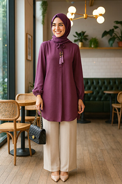 Mercan Püsküllü Tunik & Beli Lastikli Pantolon, Aerobin Kumaş, Alt Üst İkili Sedanur Takım