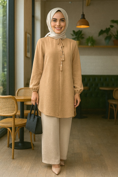 Mercan Püsküllü Tunik & Beli Lastikli Pantolon, Aerobin Kumaş, Alt Üst İkili ...