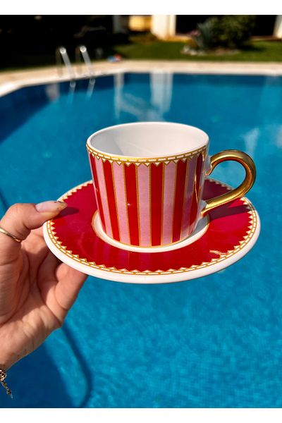 MAMALİZA 130 ml Set of 2 Ceramic Cups – Red Gold Patterned. Set of Espresso Cups.