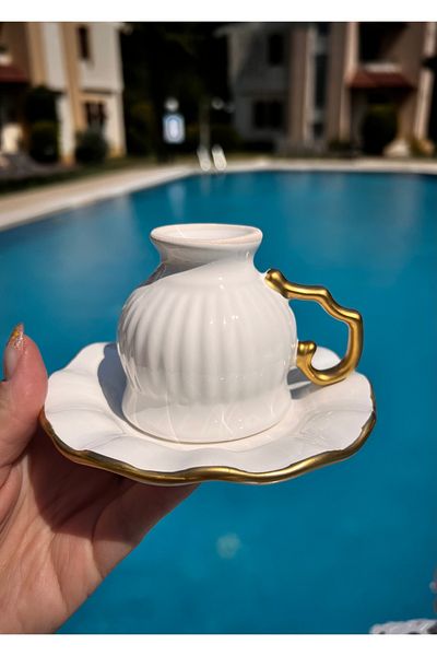 MAMALİZA Set of 6 Turkish Coffee Cups of 90 Ml. Classic Ceramic Cup Set with Gold Detail