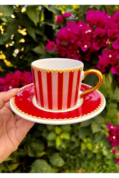 MAMALİZA 130 ml 2’li Seramik Fincan Takımı – Kırmızı Altın Desenli. Espresso fincan takımı .