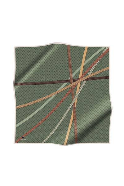Vissona 100% Twill Silk Monogram and Stripe Patterned Khaki - Tan Color 90X90 Scarf Planting Shape: Hand Stitched