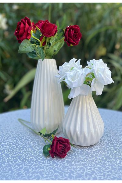 MAMALİZA Set of 2 Decorative Ceramic Vases – Modern White Patterned (25 cm & 17 cm)