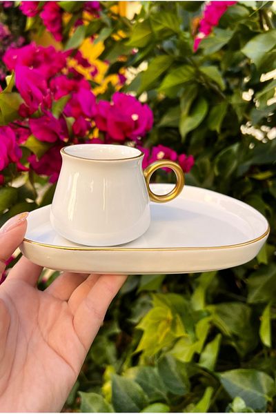 MAMALİZA Set of 6 90 ml Ceramic Cups with Gold Detail – Special Design