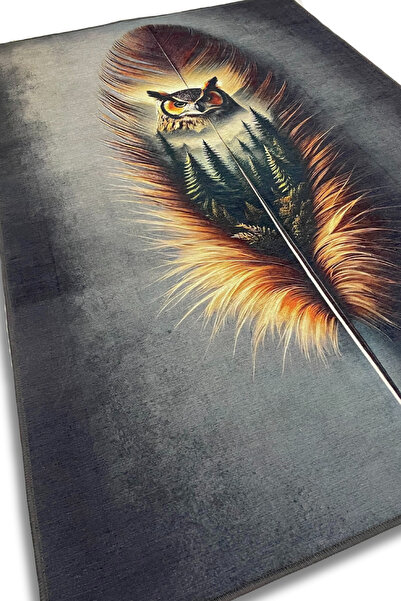 The Reef Design Baykuş Desenli Halı Kuş Tüyü Desenli Puslu Orman Temalı Halı Vahşi Doğa Temalı Diital Baskılı Halı