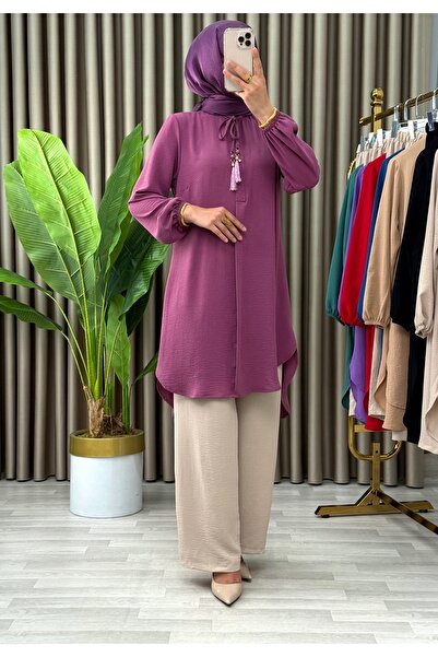 Mercan Püsküllü Tunik & Beli Lastikli Pantolon, Aerobin Kumaş, Alt Üst İkili Sedanur Takım