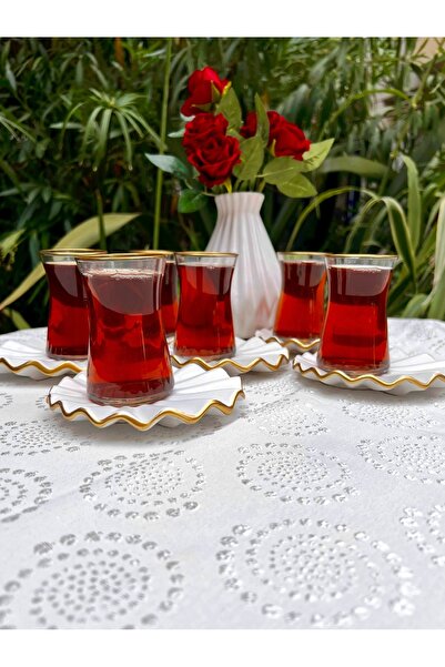 MAMALİZA 6-Piece Gold Detailed Ruffle Patterned Ceramic Tea Set