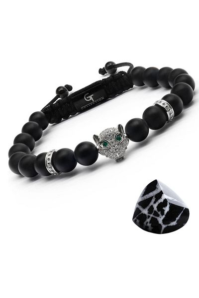 GT Collection Colecția GT, Brățară Bărbătească Cap de Leopard cu Pietre Energetice din Onix Negru, Mărime Universală și Șnur Reglabil