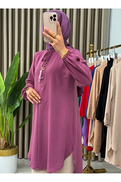 Mercan Püsküllü Tunik & Beli Lastikli Pantolon, Aerobin Kumaş, Alt Üst İkili Sedanur Takım