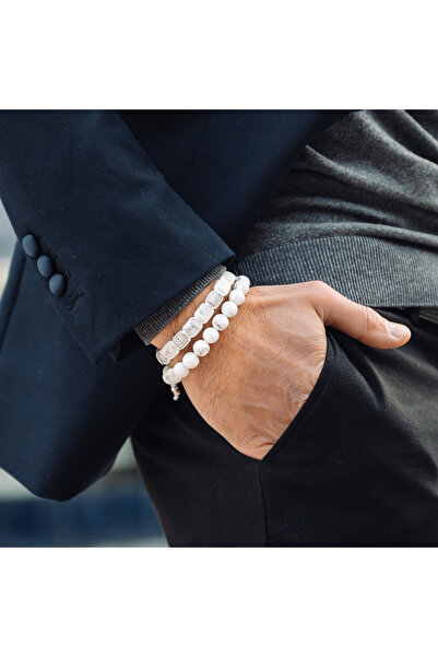 GT Collection Ανδρικό βραχιόλι με μία χάντρα GT Collection, ΛΕΥΚΕΣ πέτρες HOWLITE με ενεργειακές πέτρες, ένα μέγεθος και ρυθμιζόμενο κορδόνι