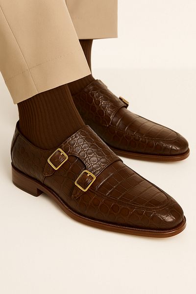 Deriderim Brown Crocodile Patterned Double Buckle Genuine Leather Shoes