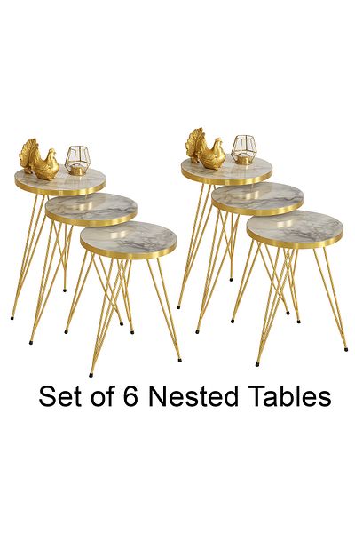 TrentonGCC Set of 6 Round Nesting Tables – Marble-Effect Tops with Gold Metal Legs for Living Room & Decor