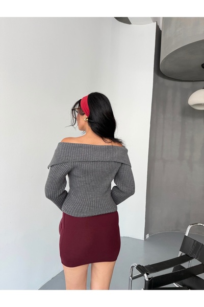 İLKCET MODA Çift Fermuarlı Gri Madonna Yaka Triko Hırka