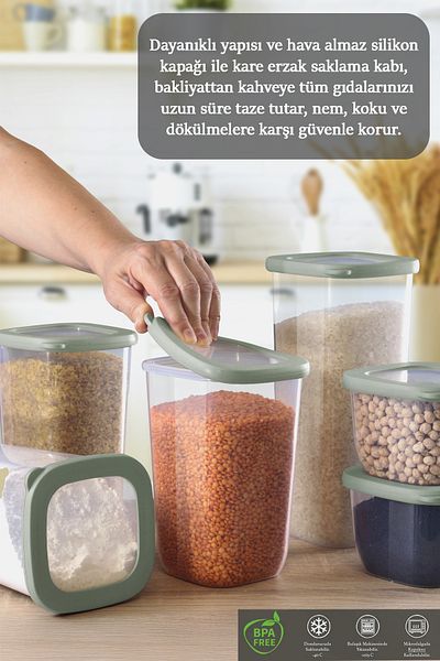 MYBOX 12-Piece Vita Silicone Lid Square Food Storage Container - Labeled Flour Pasta Storage Box Spice Rack