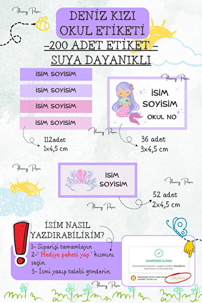 Flowery Paper Denizkızı Okul Kalem Defter Etiketi Özel Isim Yazılabilen Suya ...
