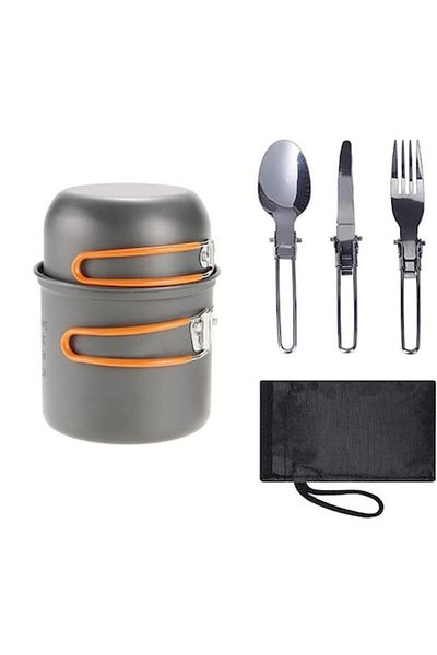 OEM Aluminum camping pot + utensil set, cooking utensils, 7 pieces, gray-orange color