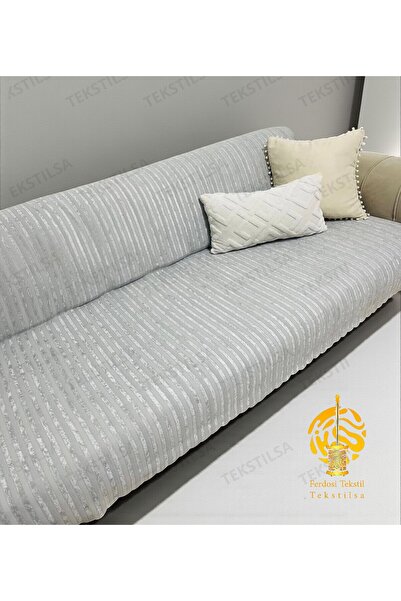 Tekstilsa Süngerli Koltuk Örtüsü Yeni Moda Çizgili AÇIK GRİ Rengi 1adet 210*170 Cm