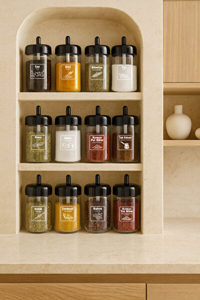 Kitchen Life Kit dozator de condimente Cam de 305 ml - 12 bucăți cu capac de lingură și etichetă