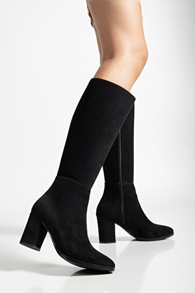 moun shoes Női fekete velúr cipzáras, térd alatti magassarkú csizma (2 cm-es lábszárhosszabbítási lehetőség)